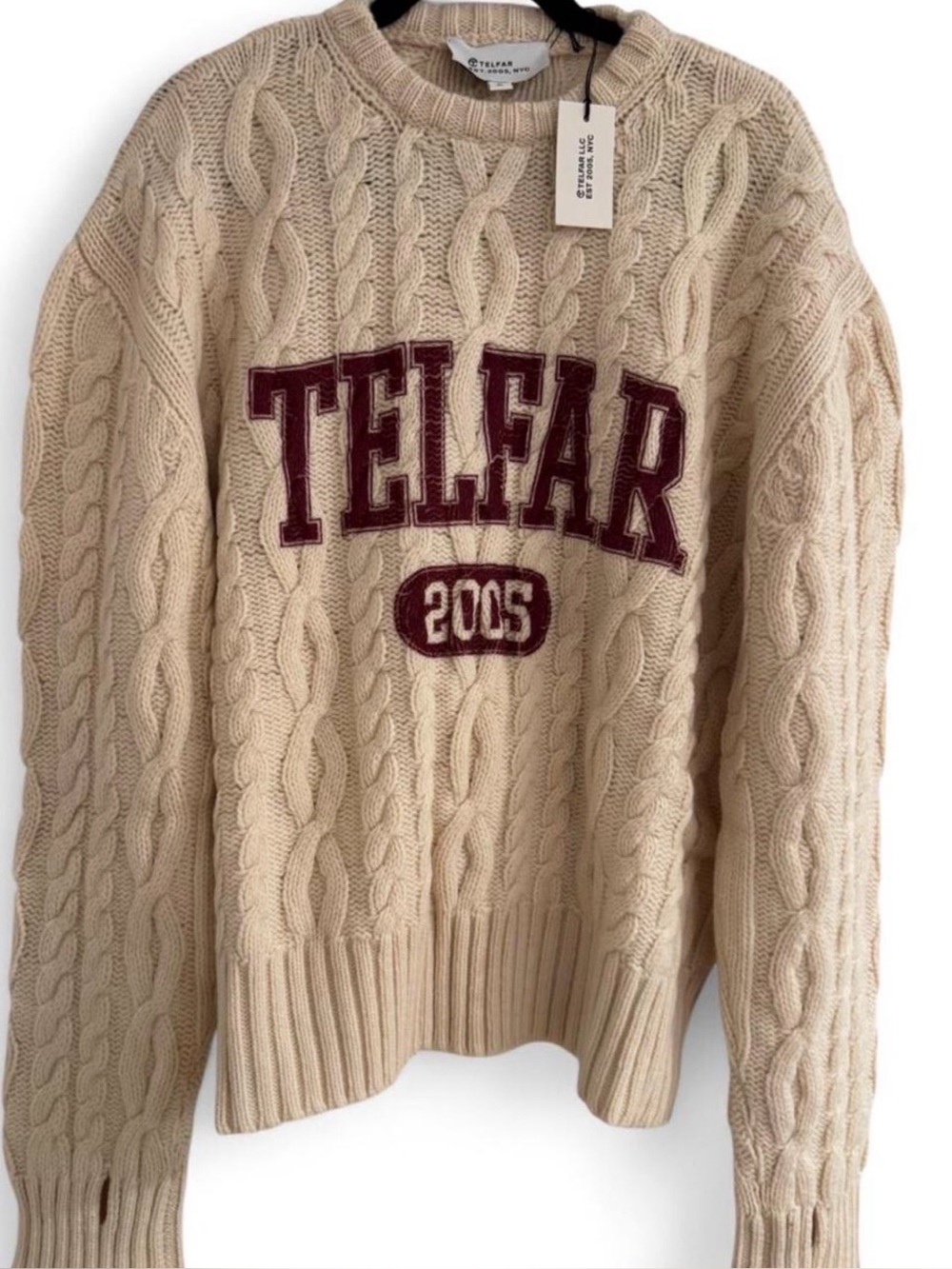 NWT UNISEX Telfar Cable Knit Wool/Cashmere Varsity Logo Sweater in Bag!